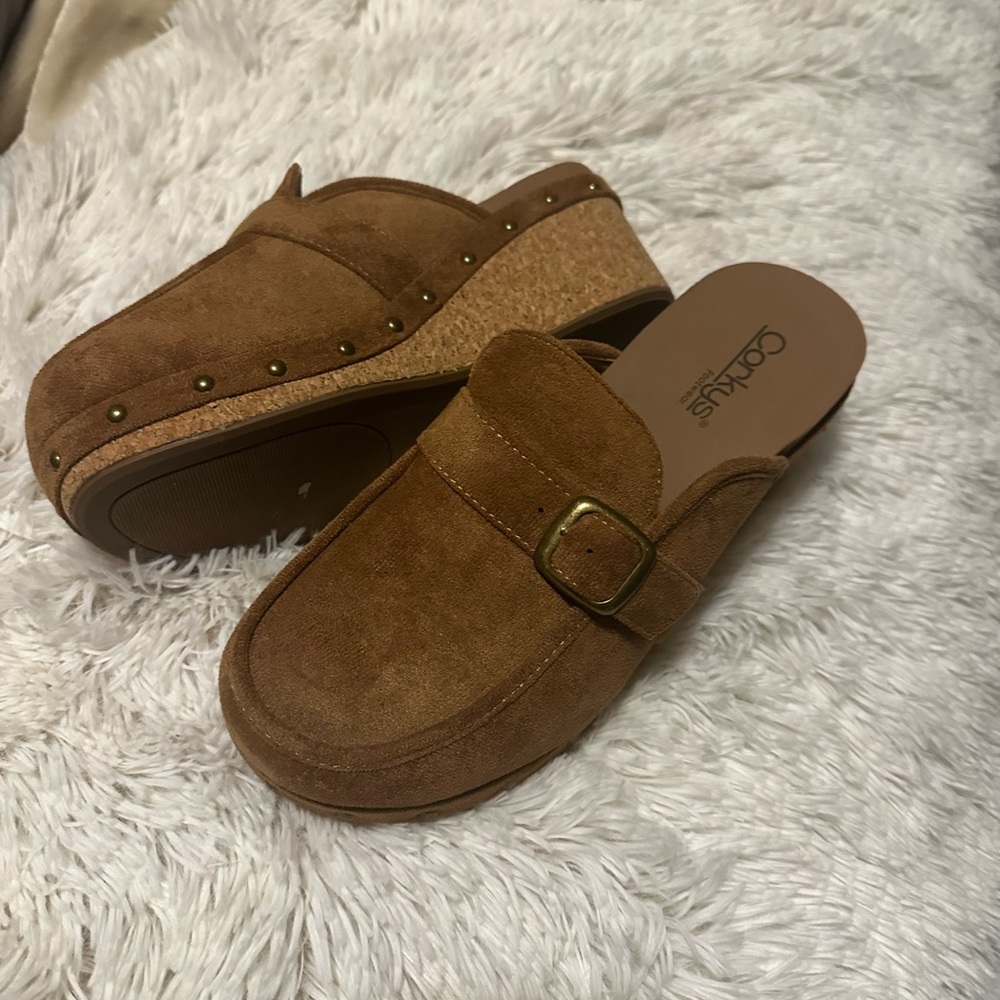 Corkys Tan Suede Platform Clogs with Buckle